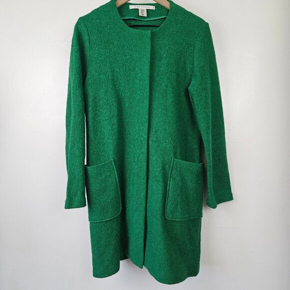 Max Studio Boulce‎ Wool Car Coat Sz M Kelly Green Hidden Zip Collarless Jacket - Picture 1 of 9